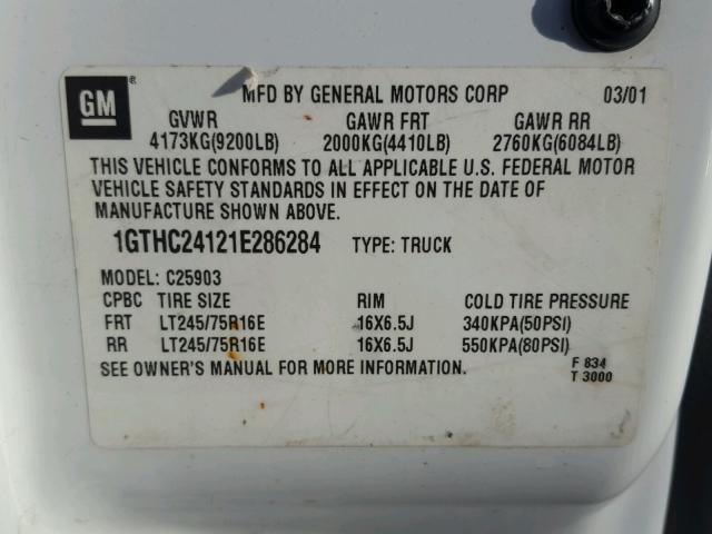 1GTHC24121E286284 - 2001 GMC SIERRA C25 WHITE photo 10