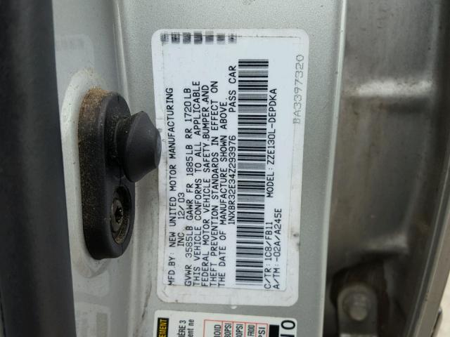 1NXBR32E34Z293976 - 2004 TOYOTA CORROLA SILVER photo 10