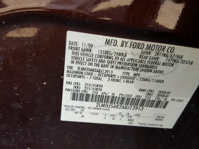 2LMHJ5AR2ABJ13913 - 2010 LINCOLN MKT Коричневий фото 10