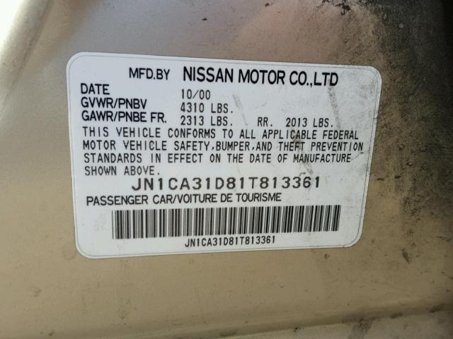 JN1CA31D81T813361 - 2001 NISSAN MAXIMA GXE BEIGE photo 10