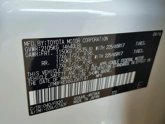 JTMBFREV6GJ087147 - 2016 TOYOTA RAV4 LE WHITE photo 10