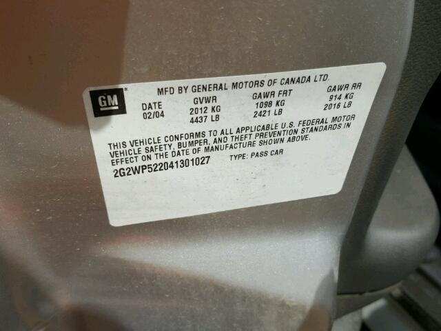 2G2WP522041301027 - 2004 PONTIAC GRAND PRIX SILVER photo 10