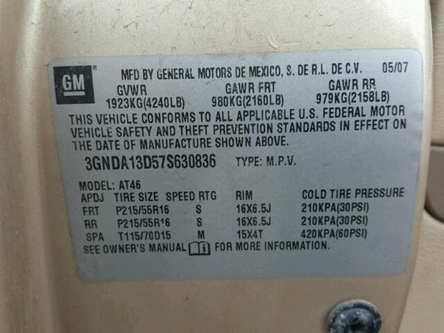 3GNDA13D57S630836 - 2007 CHEVROLET HHR LS BEIGE photo 10