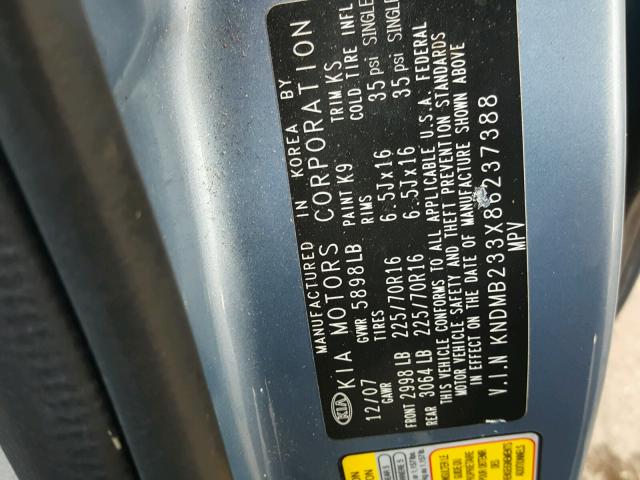 KNDMB233X86237388 - 2008 KIA SEDONA EX BLUE photo 10