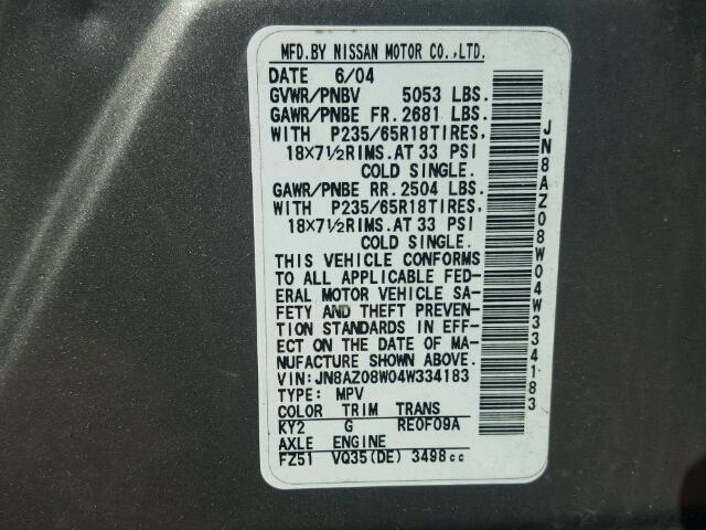 JN8AZ08W04W334183 - 2004 NISSAN MURANO SL GRAY photo 10