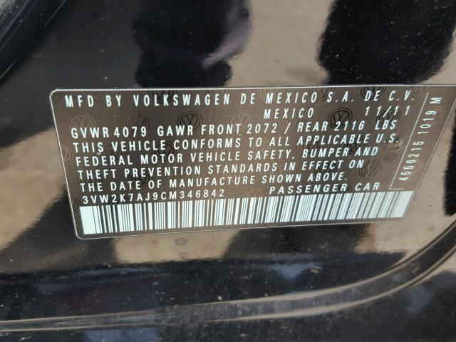 3VW2K7AJ9CM346842 - 2012 VOLKSWAGEN JETTA BASE 黑色 照片 10