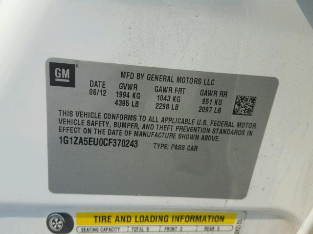 1G1ZA5EU0CF370243 - 2012 CHEVROLET MALIBU LS თეთრი ფოტო 10