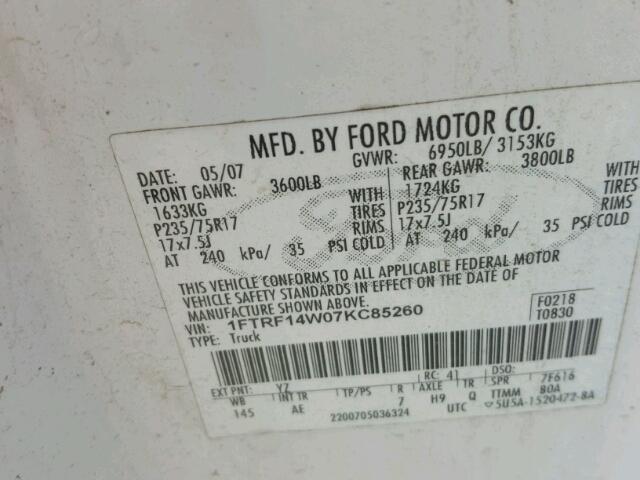 1FTRF14W07KC85260 - 2007 FORD F150 WHITE photo 10