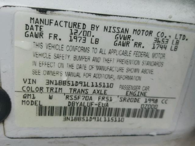 3N1BB51D91L115110 - 2001 NISSAN SENTRA SE WHITE photo 10