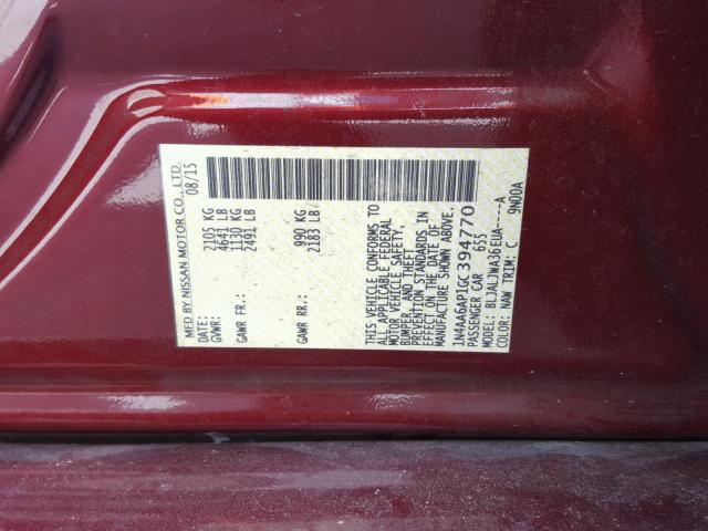 1N4AA6AP1GC394770 - 2016 NISSAN MAXIMA 3.5 MAROON photo 10