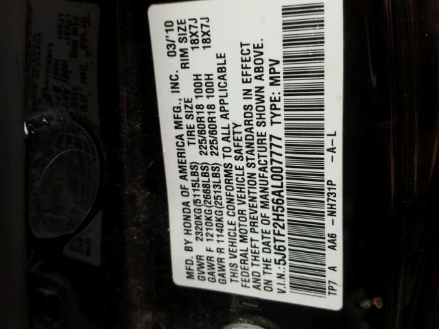 5J6TF2H56AL007777 - 2010 HONDA ACCORD CRO BLACK photo 10