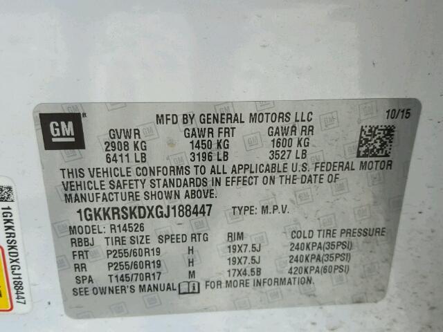 1GKKRSKDXGJ188447 - 2016 GMC ACADIA SLT თეთრი ფოტო 10