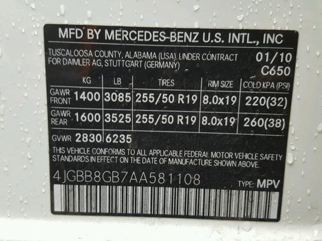 4JGBB8GB7AA581108 - 2010 MERCEDES-BENZ ML 350 4MA WHITE photo 10