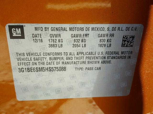 3G1BE6SM5HS575088 - 2017 CHEVROLET CRUZE LT ORANGE photo 10