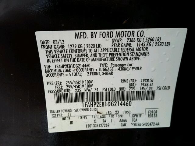 1FAHP2E81DG214460 - 2013 FORD TAURUS BLACK photo 10