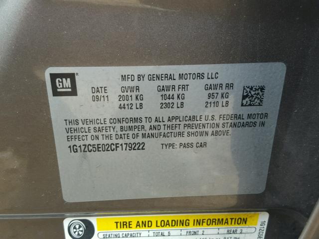 1G1ZC5E02CF179222 - 2012 CHEVROLET MALIBU 1LT 棕色 照片 10