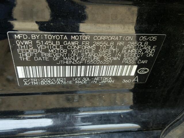 JTHBN36F155026221 - 2005 LEXUS LS 430 BLACK photo 10