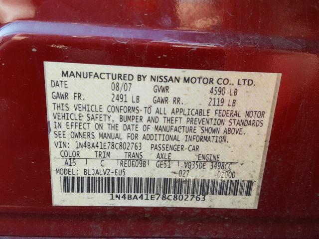 1N4BA41E78C802763 - 2008 NISSAN MAXIMA SE BURGUNDY photo 10