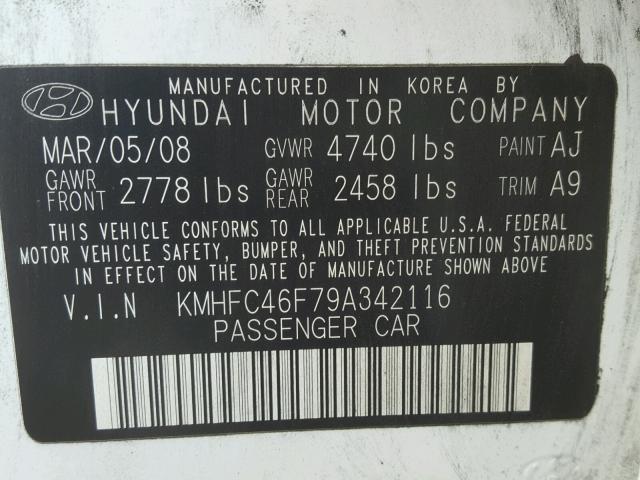 KMHFC46F79A342116 - 2009 HYUNDAI AZERA SE WHITE photo 10