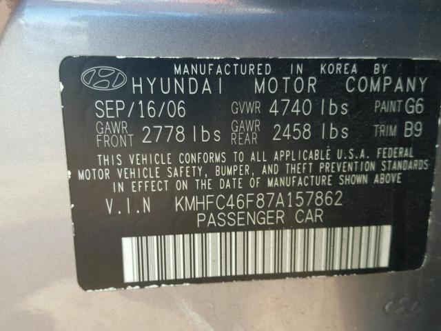 KMHFC46F87A157862 - 2007 HYUNDAI AZERA SE GRAY photo 10