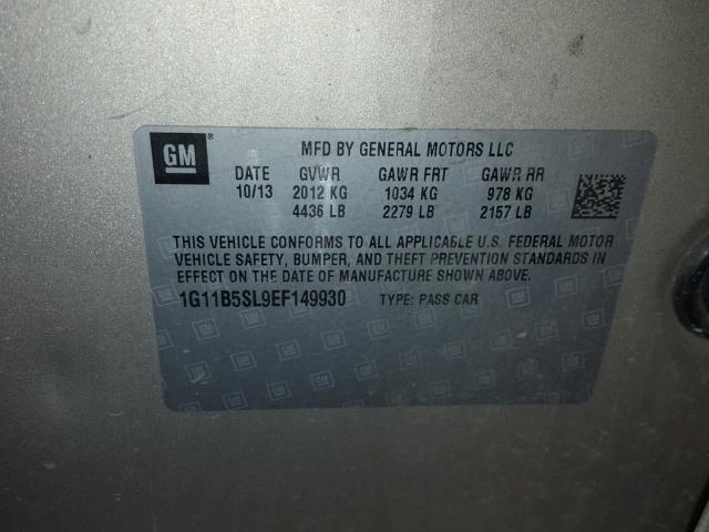 1G11B5SL9EF149930 - 2014 CHEVROLET MALIBU LS 银色 照片 10