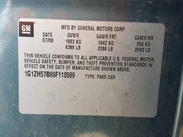 1G1ZH57B89F110589 - 2009 CHEVROLET MALIBU 1LT 绿色 照片 10