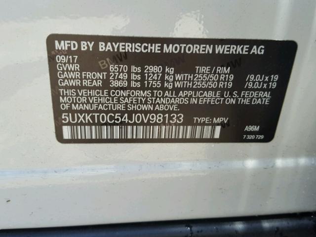 5UXKT0C54J0V98133 - 2018 BMW X5 XDR40E თეთრი ფოტო 10