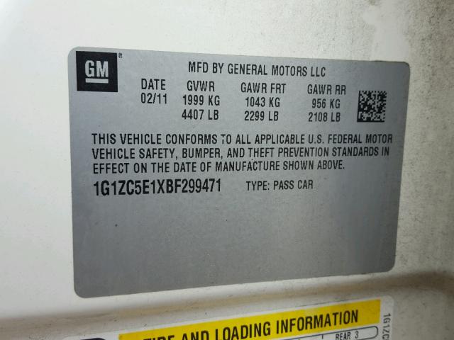 1G1ZC5E1XBF299471 - 2011 CHEVROLET MALIBU 1LT 白色 照片 10