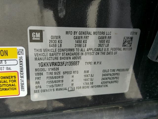 1GKKVRKD3FJ135687 - 2015 GMC ACADIA SLT გრაფიტი ფოტო 10