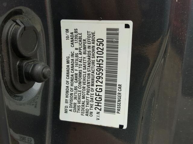 2HGFG12959H510250 - 2009 HONDA CIVIC EXL GRAY photo 10