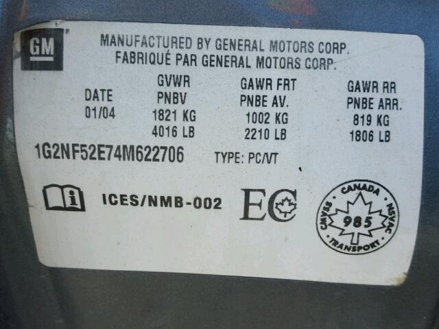 1G2NF52E74M622706 - 2004 PONTIAC GRAND AM S GRAY photo 10