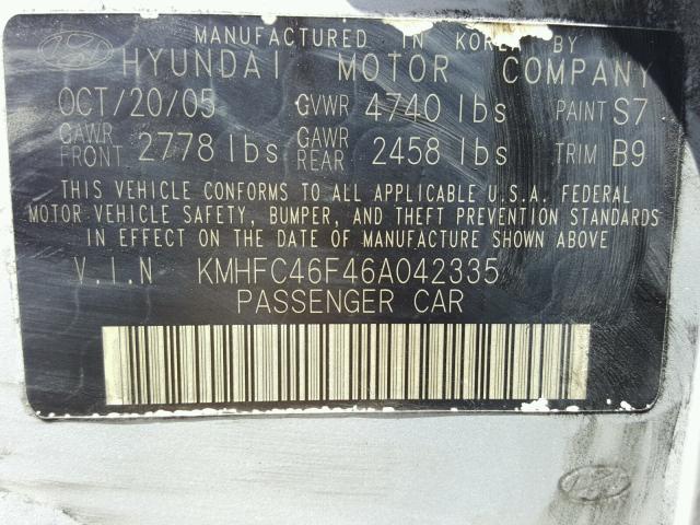 KMHFC46F46A042335 - 2006 HYUNDAI AZERA SE SILVER photo 10