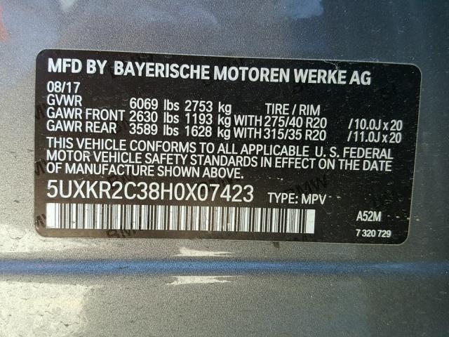 5UXKR2C38H0X07423 - 2017 BMW X5 SDRIVE3 GRAY photo 10