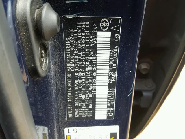 2T1BY32E86C551495 - 2006 TOYOTA COROLLA XR 蓝色 照片 10