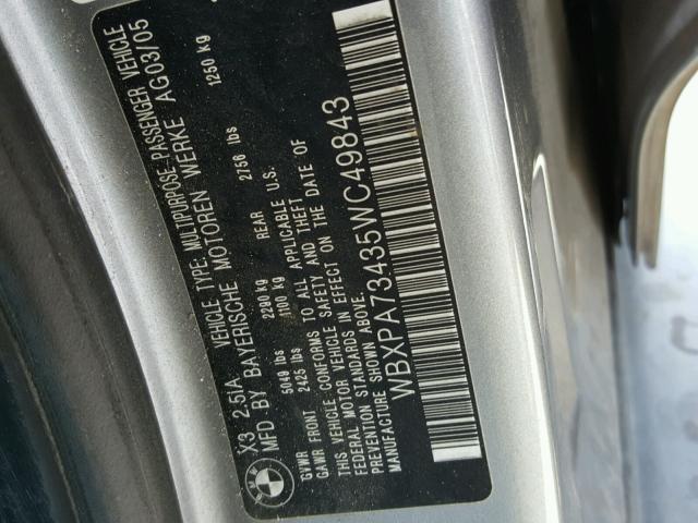 WBXPA73435WC49843 - 2005 BMW X3 2.5I GRAY photo 10