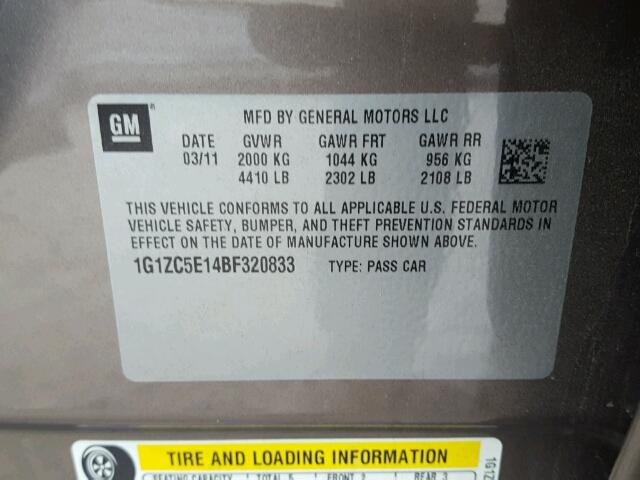 1G1ZC5E14BF320833 - 2011 CHEVROLET MALIBU 1LT ყავისფერი ფოტო 10
