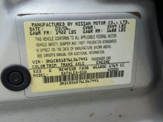 3N1CB51D76L567441 - 2006 NISSAN SENTRA 1.8 SILVER photo 10