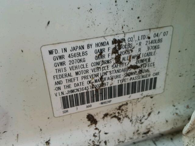 JHMCN36457C003297 - 2007 HONDA ACCORD HYB WHITE photo 10