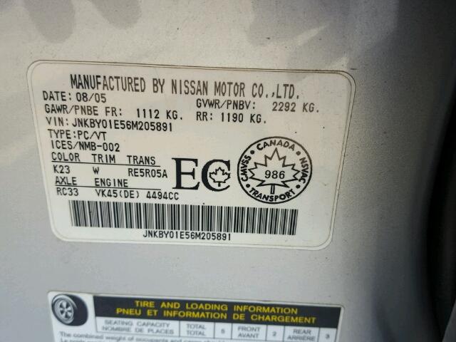 JNKBY01E56M205891 - 2006 INFINITI M45 BASE SILVER photo 10