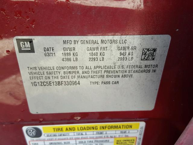 1G1ZC5E13BF330964 - 2011 CHEVROLET MALIBU 1LT 红色 照片 10