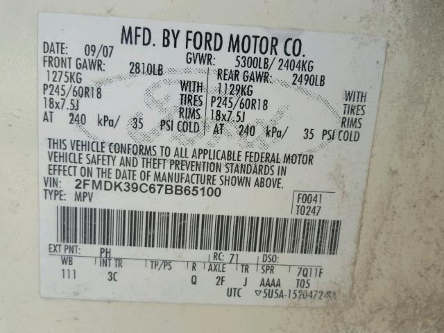 2FMDK39C67BB65100 - 2007 FORD EDGE SEL P WHITE photo 10