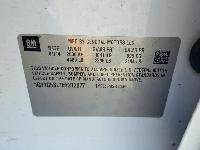 1G11C5SL1EF212077 - 2014 CHEVROLET MALIBU 1LT 白色 照片 10