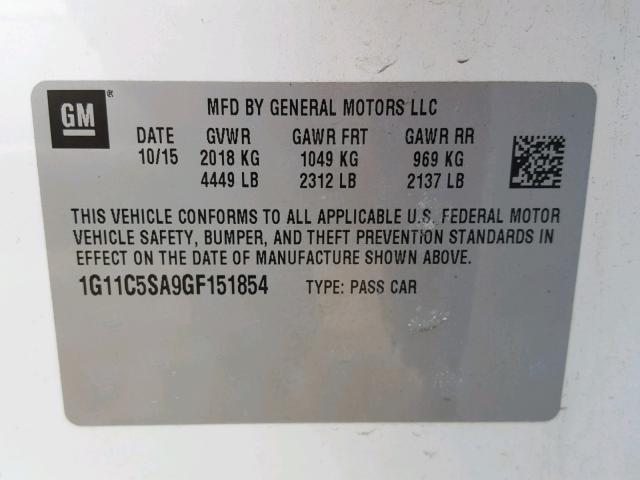 1G11C5SA9GF151854 - 2016 CHEVROLET MALIBU LIM 白色 照片 10