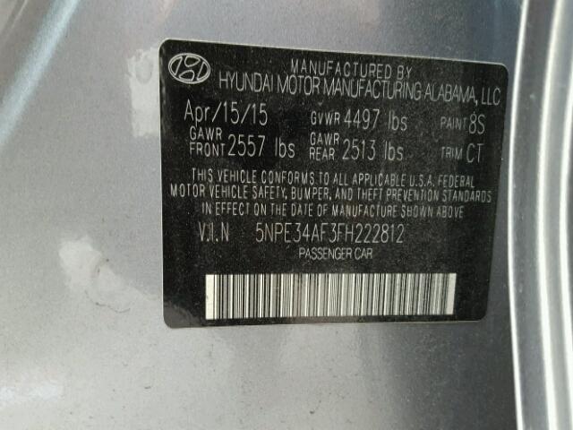 5NPE34AF3FH222812 - 2015 HYUNDAI SONATA SPO GRAY photo 10