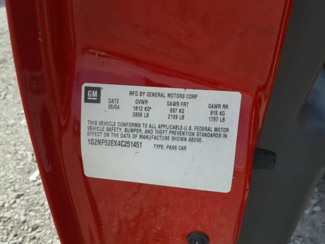1G2NF52EX4C251451 - 2004 PONTIAC GRAND AM S RED photo 10