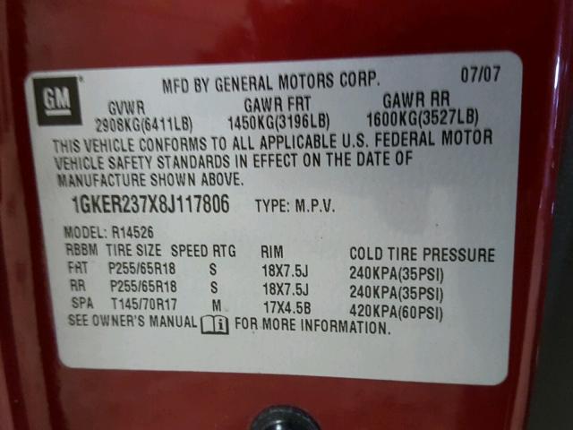 1GKER237X8J117806 - 2008 GMC ACADIA SLT 栗色 照片 10