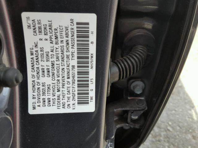 2HGFC1F7XGH651798 - 2016 HONDA CIVIC EXL CHARCOAL photo 10