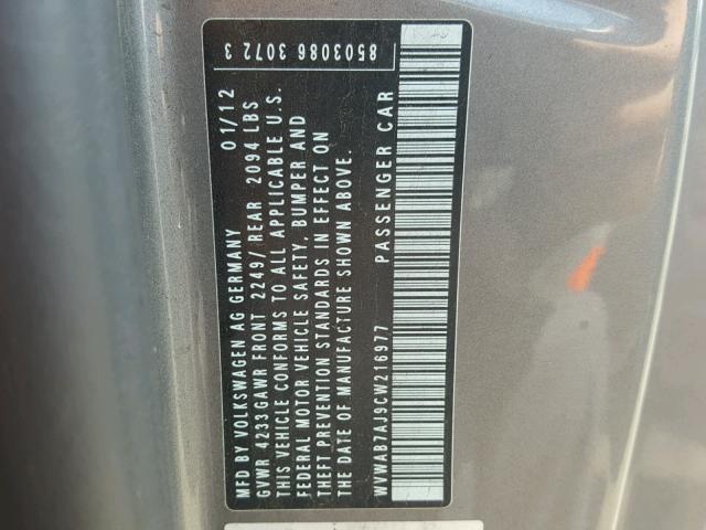 WVWAB7AJ9CW216977 - 2012 VOLKSWAGEN GOLF 灰色 照片 10