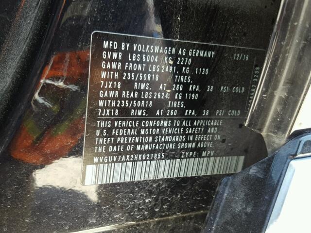 WVGUV7AX2HK021855 - 2017 VOLKSWAGEN TIGUAN SPO შავი ფოტო 10