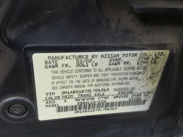 3N1AB51D72L706565 - 2002 NISSAN SENTRA SE- BLACK photo 10